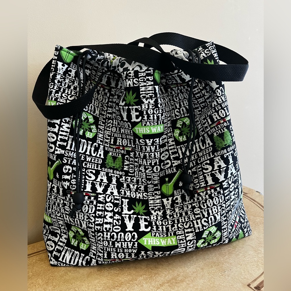 Drawstring,  420 “Bud” Fabric Large Tote Shoulder Reversible Bag. Handmade